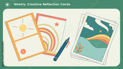 Weekly creative reflection cards featuring artistic illustrations of nature and abstract designs with a crayon tool for inspiration and self expression