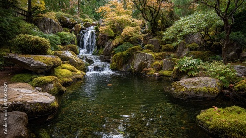Tranquil zen garden with cascading waterfall