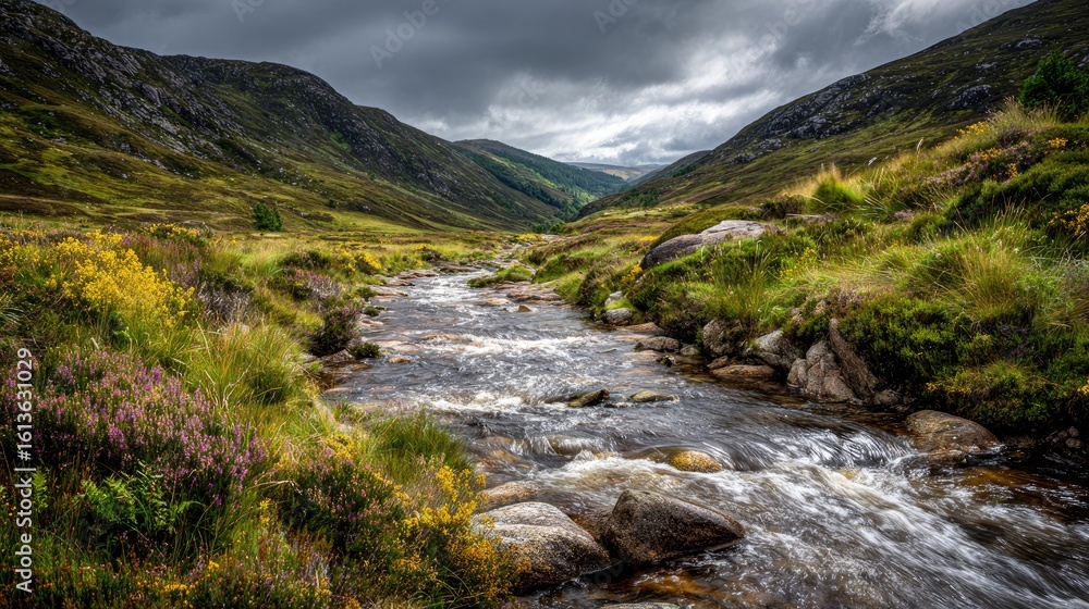 Mountain stream flows through valley under dramatic sky Mountain stream flows through valley under dramatic sky