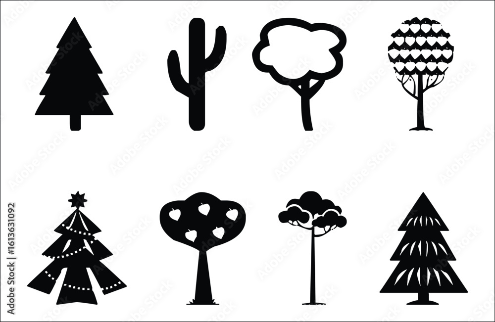 Fototapeta premium tree silhouettes, A vector set showcases black silhouette illustrations of various trees