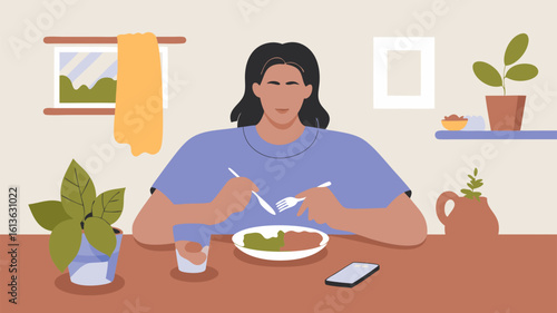 Minimalist Vector SVG Illustration of Woman Eating at Table in Flat Style with Plants and Window