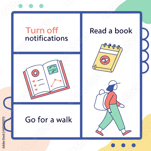 Simple illustration of three self care activities turning off notifications reading a book and going for a walk to promote well being