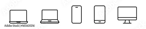 Set of black outline icons depicting laptops, smartphones, and desktop computer monitor in modern style