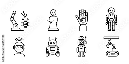 Set of minimalist line-drawn icons depicting robotics and artificial intelligence
