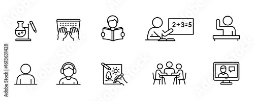 Set of educational-themed line icons for science, computer skills, studying, teaching, and participation