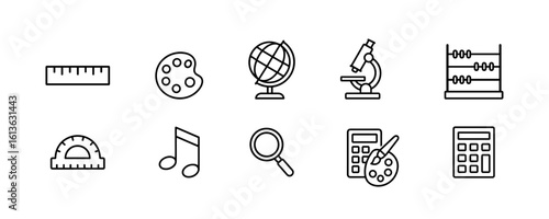 Set of line icons depicting various school subjects and educational concepts