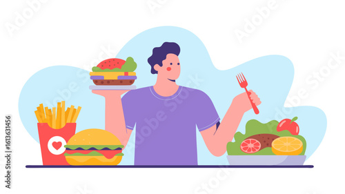 Minimalist Vector SVG Illustration of Person Eating Fast Food with Colorful Food Items in Flat Style