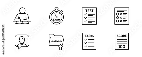 Set of eight educational line art icons, minimalist style