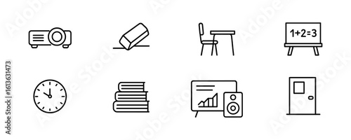 Set of black and white line icons for educational themes and classrooms