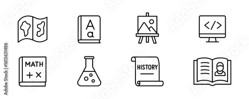 Set of academic subjects line icons in black and white style