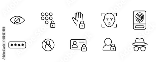 Set of black and white security and privacy line icons for authentication and anonymity