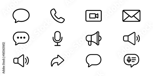 Set of 12 black outline communication icons in grid layout