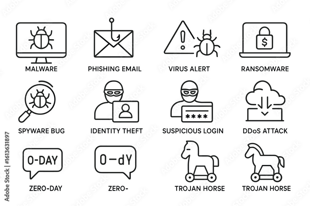 Fototapeta premium Set of black and white line art icons depicting cybersecurity threats and issues
