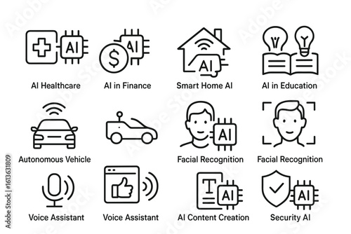 Set of black line icons for AI applications in healthcare, finance, smart home, education, autonomous vehicles, facial recognition, voice assistant, content creation, and security