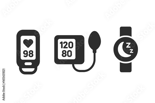 Health monitoring icons. Solid filled icon set of health monitoring devices. Pulse oximeter, blood pressure cuff, sleep tracker. Vector for digital health and app.