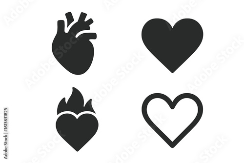 Heart icon collection. Vector set of love and health symbols. Includes anatomical human organ for medicine, simple filled shape, flaming heart for passion, and outline.