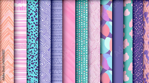Collection of colorful fabric patterns in various styles.  Vertical stripes, animal print, abstract designs, geometric patterns, and dots.  Muted tones of pink, purple, teal, and lavender