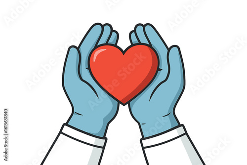 Doctor hands in blue gloves holding a red heart. Healthcare and medicine concept. Cardiology, organ donation, charity and love symbol. Vector illustration on white background.