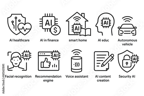 Set of black and white line icons for AI applications in healthcare, finance, smart home, education, autonomous vehicles, facial recognition, recommendations, voice assistants, content creation