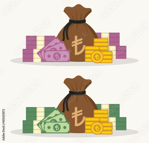 Vector of a brown sack with Turkish lira symbol, surrounded by Turkish currency notes and gold coins. Perfect for finance, economy, and investment-related themes focused on Turkey.