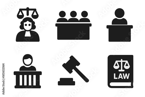 Law and justice icon set. Courtroom trial solid glyphs. Judge, jury, witness stand, defendant, gavel, and legal book pictograms. Vector illustration for legal services.