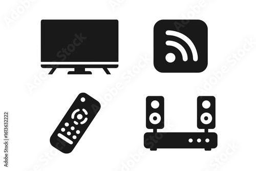 Home entertainment solid icon set. Glyph pictograms of home cinema setup. Flat-screen TV, sound system, remote control, and streaming symbol. Smart TV multimedia vector.