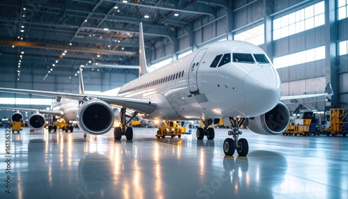 A modern passenger airplane is parked inside a spacious, well-lit aircraft hangar for maintenance.