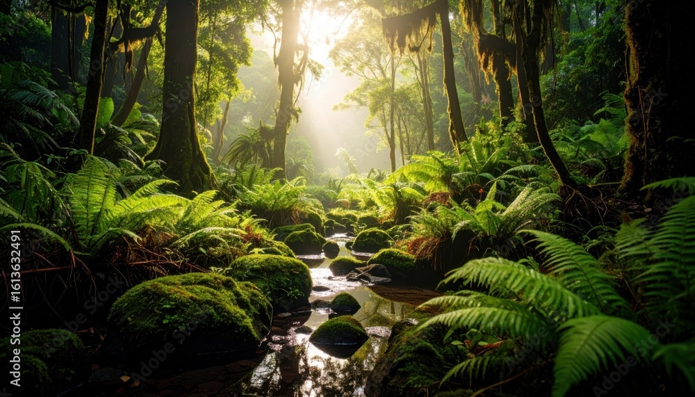 Fototapeta premium Lush green rainforest with sunlight streaming through trees, mossy rocks, and a serene stream winding through vibrant ferns.