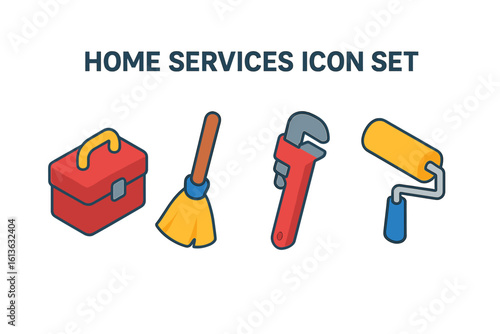 Home services icon set in isometric flat design. On-demand service symbols for repair, cleaning, plumbing, and painting. Toolbox, broom, wrench, paint roller vector.
