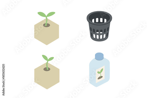 Hydroponic icons collection. Isometric flat icon set of hydroponic seed germination, rockwool cube, net pot, and nutrient solution. Vector illustration for gardening.