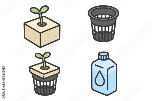 Hydroponic icons. Isometric vector set with seedling in rockwool, net pot, nutrient solution. Concept for soilless gardening, smart farm, urban agriculture.