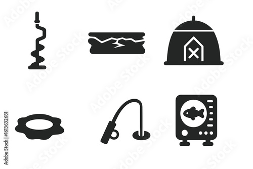 Ice fishing solid icon set. Winter sport hobby equipment collection. Vector glyphs of auger, tent, rod, sonar fish finder, frozen lake, and ice hole pictogram.