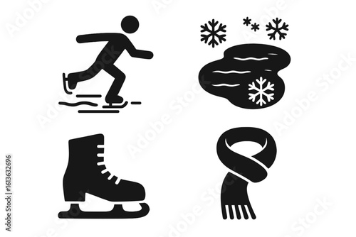 Ice skating solid glyph icon set. Winter sports and outdoor activity symbols. Includes ice skater, frozen lake, snowflakes, figure skate, and warm scarf. Vector silhouette.