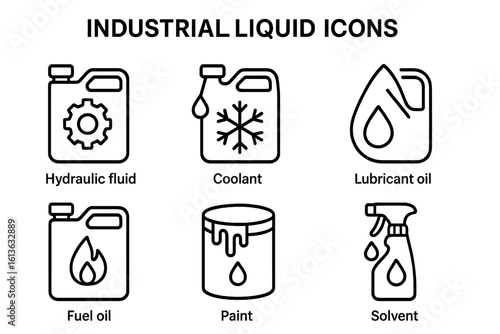 Industrial liquid outline icon set. Vector symbols for hydraulic fluid, coolant, lubricant oil, fuel, paint, solvent. Canister, bottle and can illustrations for industry.