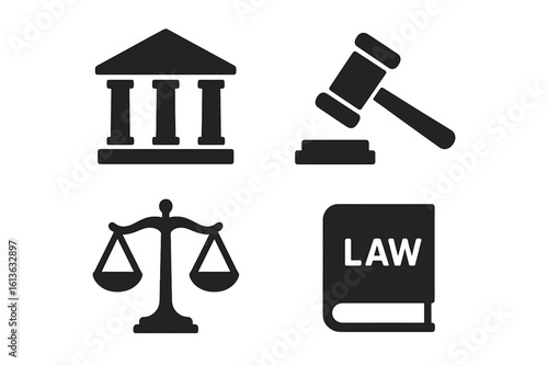 Law and justice solid glyph icon set. Legal symbols collection of courthouse, judge gavel, scales of justice, law book. Vector illustration for web, legal app, attorney.