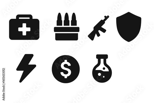 Video game solid icon set. In-game items for UI HUD design. Health pack, ammo box, weapon, shield, power up, coin, magic potion. Vector silhouette glyph collection.