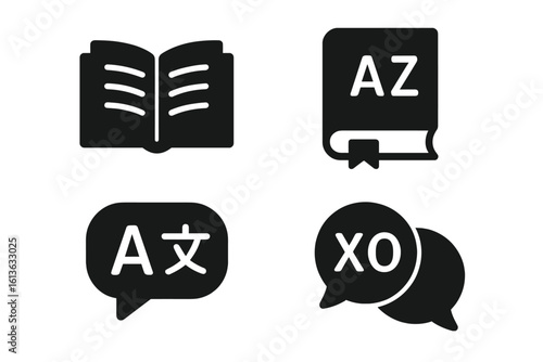 Language learning solid glyph icon set. Translation, dictionary, and vocabulary symbols. Foreign language school, education course, and communication pictogram collection.