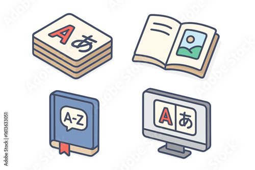 Isometric icons for language learning. Vector set with flashcards, dictionary, and computer for e-learning. Concept for translation app, bilingual education, and study.