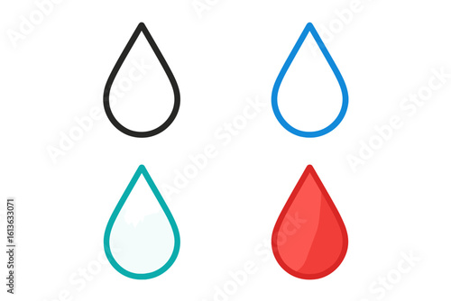 Liquid drop icon collection. Vector set of water, blood, and ink droplet symbols. Includes outline, gradient, and flat color styles in black, blue, red, and turquoise.