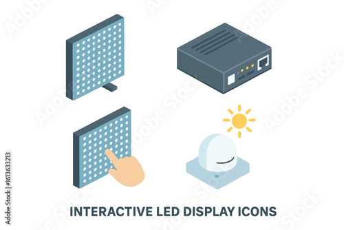 Isometric icon set of interactive LED display technology. Includes LED wall panel, touch screen interaction, controller box, and ambient light sensor. Flat vector design.