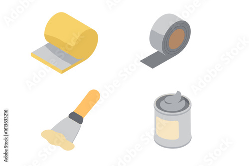 Insulation tools icon set for sealing tasks. Isometric vector illustration with duct insulation roll, foil tape, mastic, and putty knife for repair and construction.