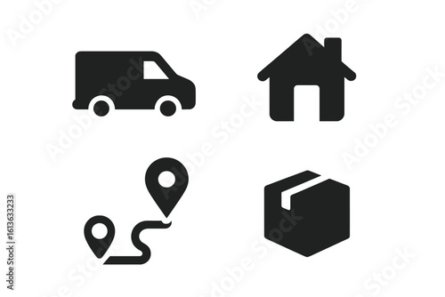 Last mile logistics solid icon set. Delivery van, house, route pin, and package box icons. Vector graphic for shipping, e-commerce, and transport services.