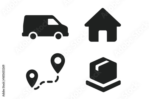 Last mile logistics solid glyph icon set. Delivery service for e-commerce and shipping. Vector concepts of a delivery van, house, map route pin, and package box.