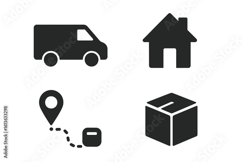Last mile logistics solid glyph icon set. Delivery van, home address, route tracking pin, and package drop-off box. Vector symbols for e-commerce and shipping services.