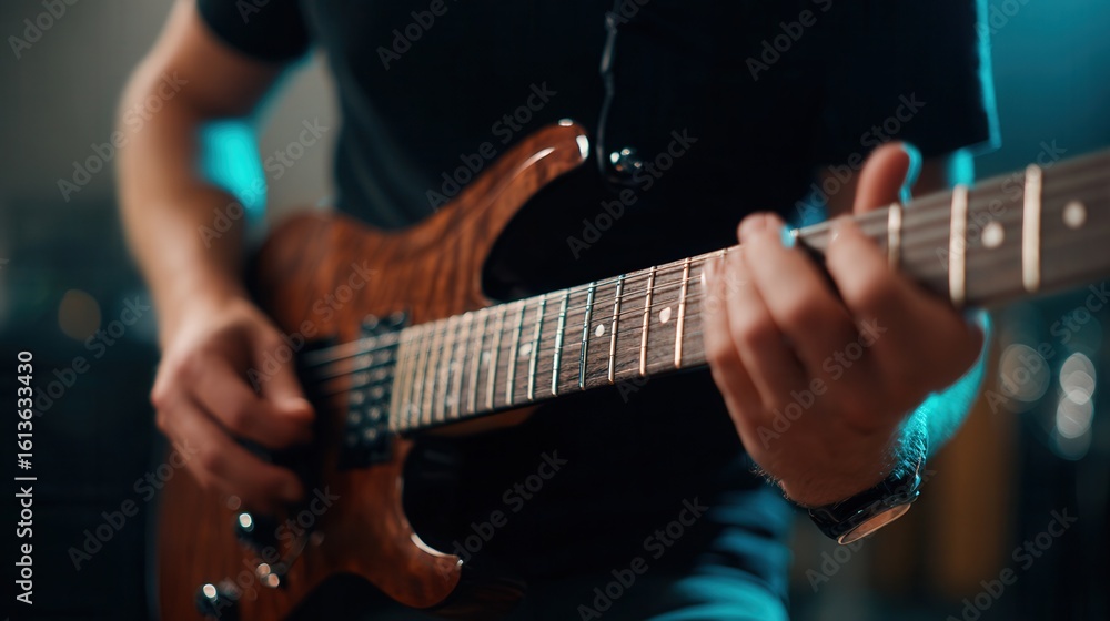 Obraz premium Close-up of caucasian male young adult playing electric guitar in studio.