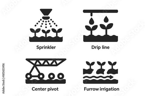 Irrigation systems solid icon set. Agriculture and smart farming concept. Vector graphic symbols for sprinkler, drip line, center pivot, and furrow irrigation methods.