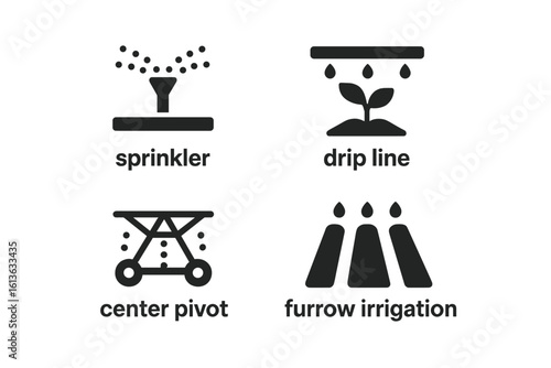 Irrigation methods icon set. Solid glyph style pictograms for agriculture and farming. Includes sprinkler, drip line, center pivot, and furrow irrigation systems. Vector graphic.