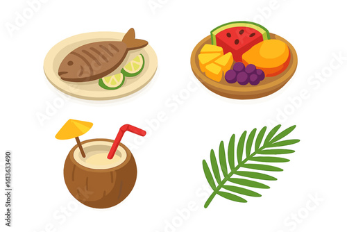 Island cuisine isometric icon set. Tropical food vector collection with grilled fish, exotic fruit platter, coconut drink, and palm leaf for summer vacation concepts.