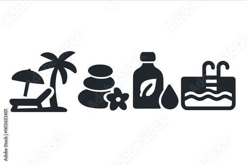 Island resort solid icons set. Vector pictograms for relaxation, beach lounger, spa stone massage, essential oil, and pool. Tropical vacation summer travel symbols.