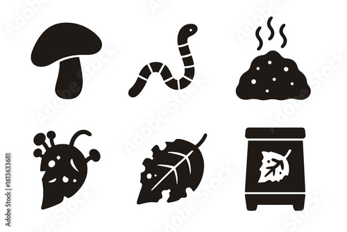 Compost icon set with leaf decay symbols. Vector glyph collection of organic decomposition, mushroom, earthworm, soil, fungus, leaf mold, and compost bin for gardening.